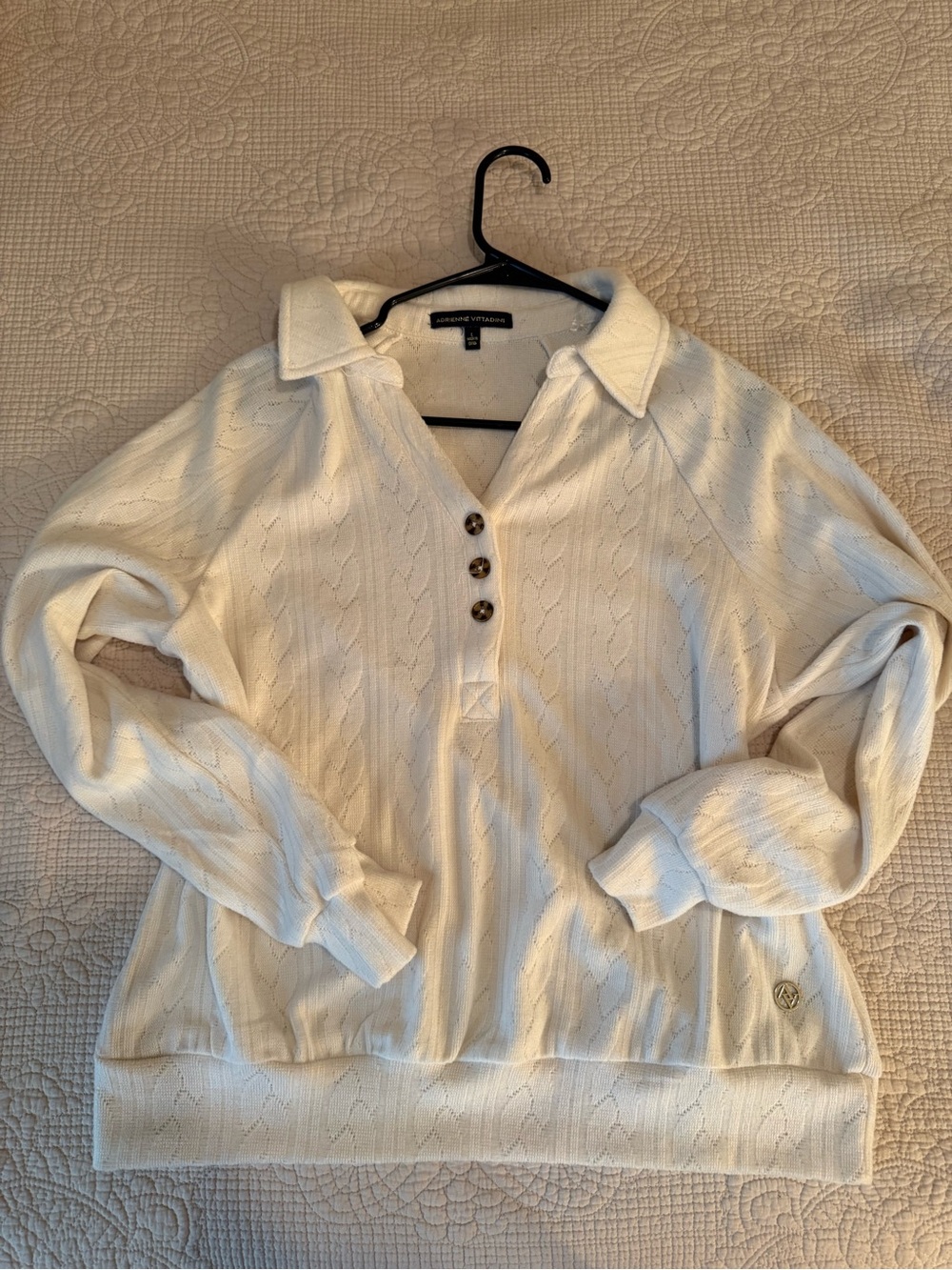 Adrienne Vittadini Cream Cable-Knit Polo Sweater